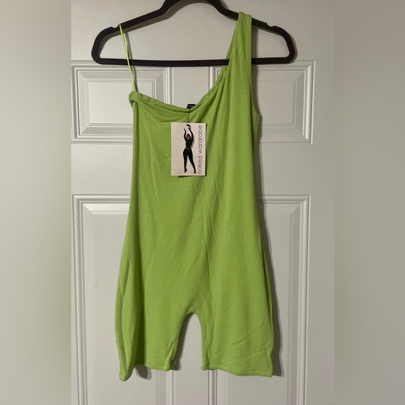 naked wardrobe Pants - Naked Wardrobe Bright Green One Shoulder Stretchy Romper Size Medium colorful